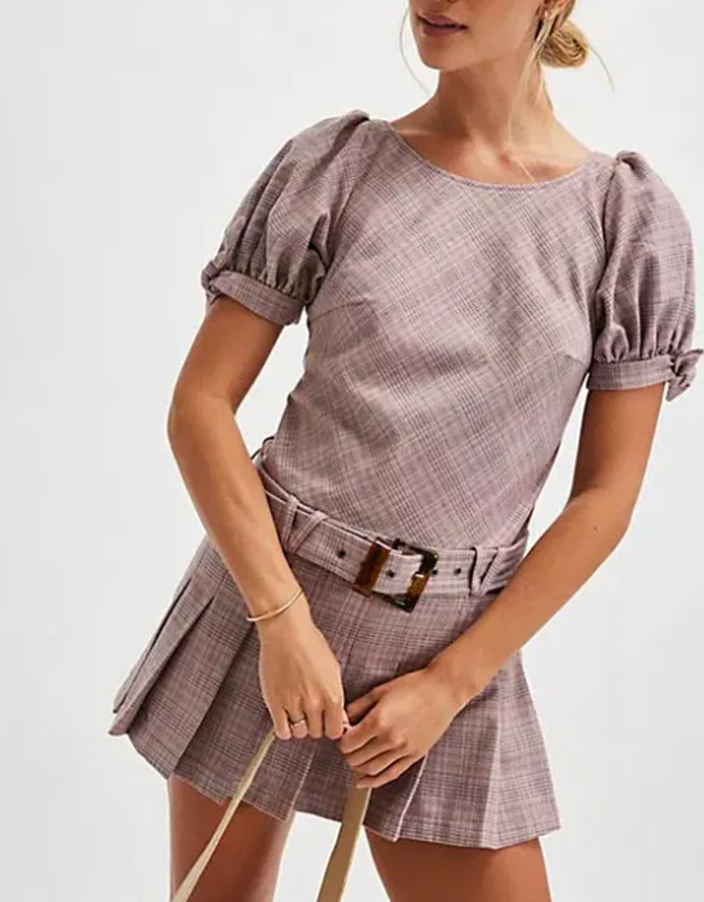 NEW FREE PEOPLE PINK SEVI PLAID PLEATED DROP WAIST BELTED MINI DRESS SZ XL